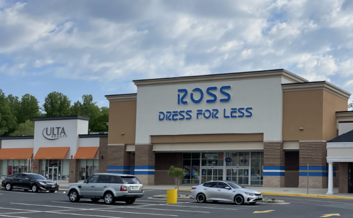 Ross and Ulta store fronts with parking lot in front.