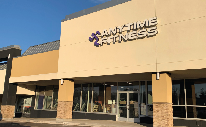 Front exterior of Anytime Fitness at outdoor shopping center in Roseville, Minnesota