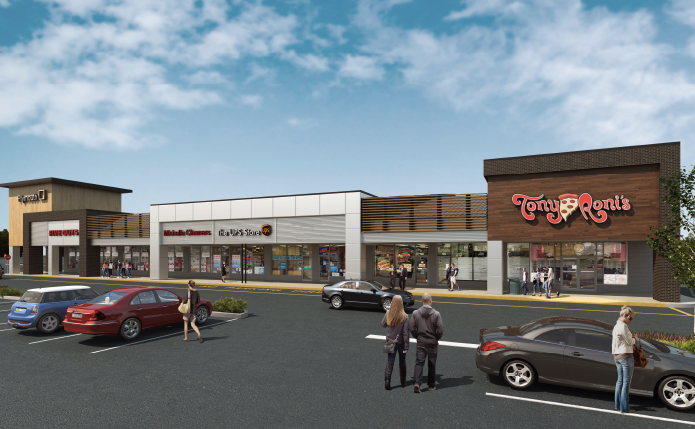 Rendering of Tony Roni's and other inline shops at Plymouth Square