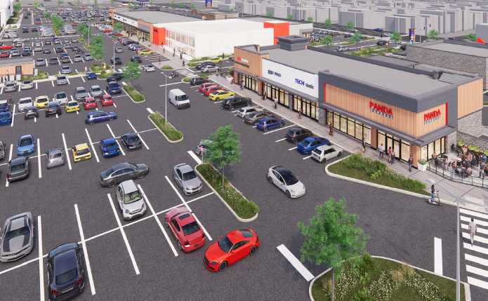 Rendering of overhead view of parkin lot in shopping center.