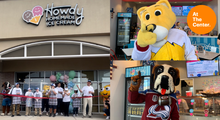 Howdy Ice Cream opening with mascots and ribbon cutting