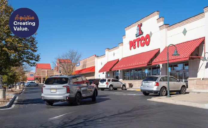 Grey SUV in front of Petco with other cars in parking lot.