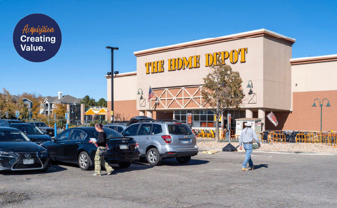 The Home Depot and parking lot with 2 customers in foreground.