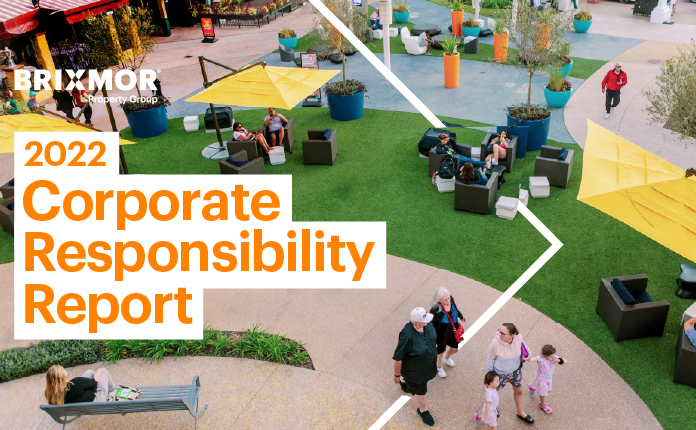 Corporate Responsibility Report cover with outdoor area photo with patrons lounging.