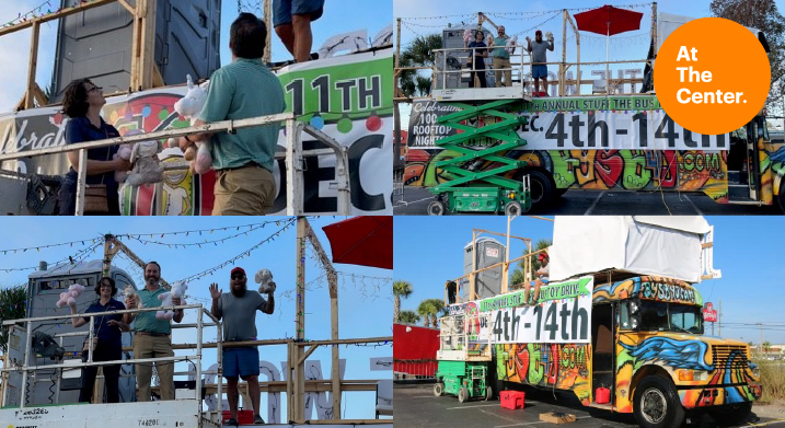 Toy donations on a spray painted school bus