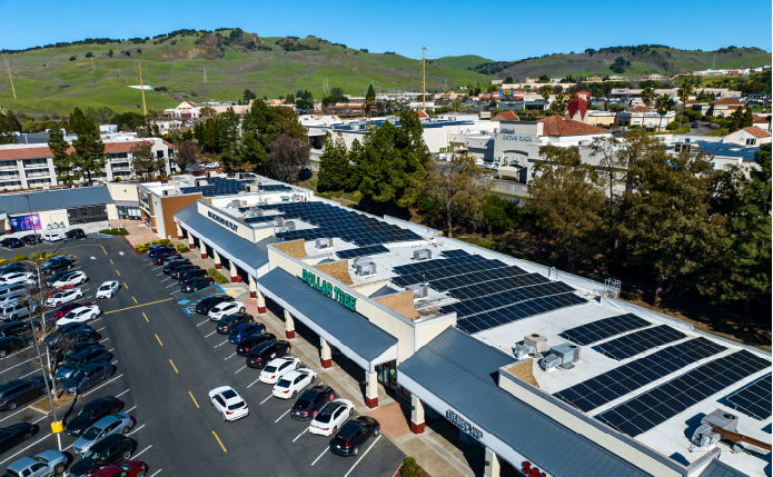 Overhead photo of roof solar panels at shopping center