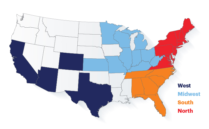 Map of states with red, blue, sky blue and orange as shades for regions.