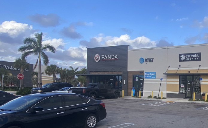 Panda and AT&T stores with palm tree and cars in parking lot.