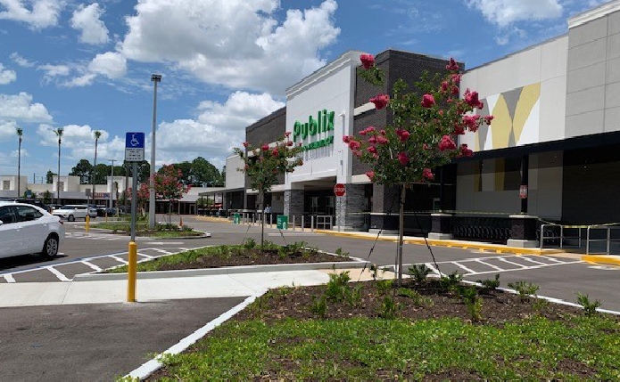 Blue sky and white clouds over Publix grocery store with floral tree in front.