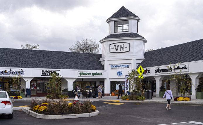 Exterior corner of small shops at Village at Newtown, Newtown, PA