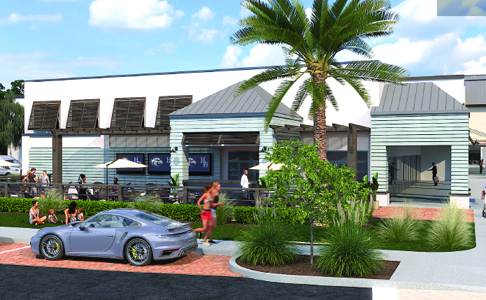 Conceptual rendering of store with palm trees and grey sports car.