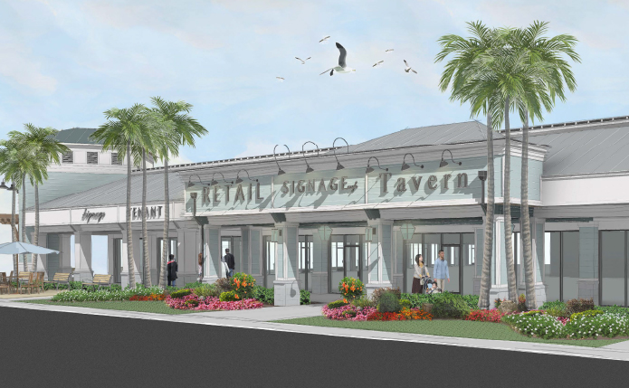 Palm trees lining small shops at East Port Plaza shopping center