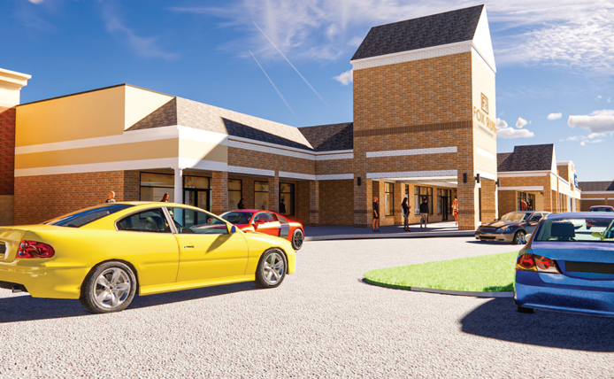 Yellow car driving into parking of outdoor shopping space