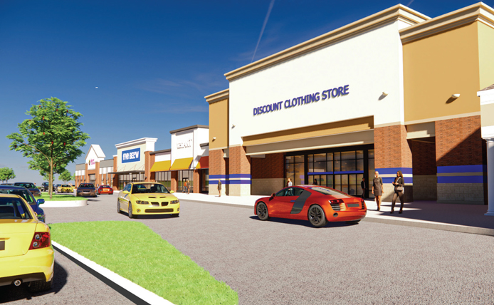 Sports cars passing each other in front of Fox Run shopping center