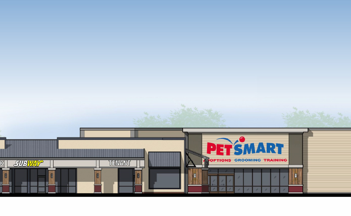 Front facade of small shops and PetSmart at Gateway Plaza shopping center in Vallejo, California