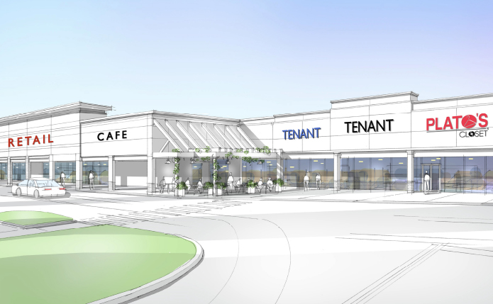 Rendering of retail tenants at outdoor shopping center.