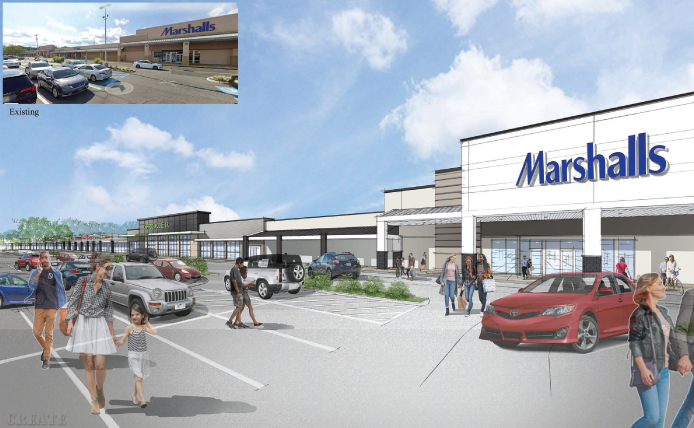 People walking through parking lot in front of Marshals at Old Bridge Gateway shopping center