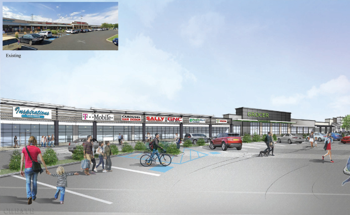 People walking through parking lot with small shops in the distance at Old Bridge Gateway shopping center