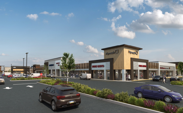 Rendering of cars passing Five Guys burgers at shopping center
