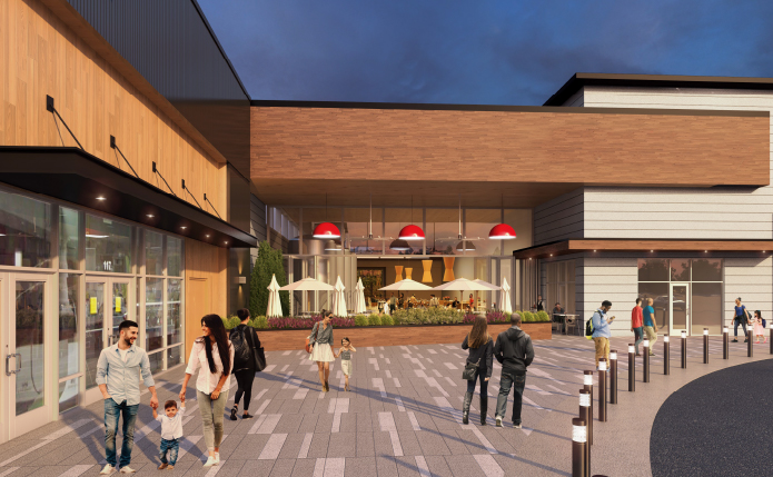Rendering of outdoor seating and courtyard for a restaurant