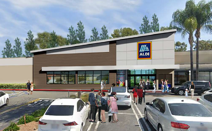 Rendering of Aldi store with white cars and pedestrians in parking lot.