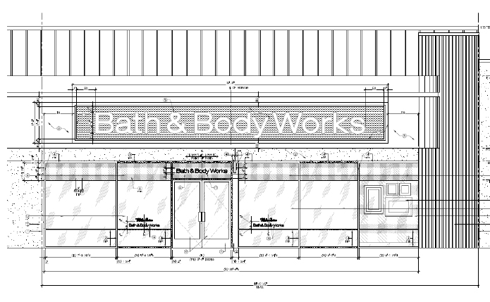 Elevation black and white illustration of Bath & Body Works storefront.