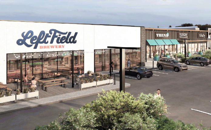 Rendering of LeftField store with tree in foreground.