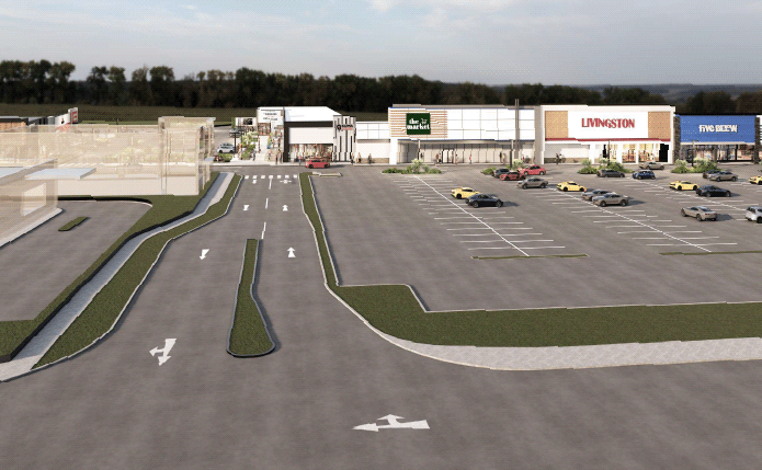 Rendering of future redevelopment of road and storefronts in Rockland Plaza.