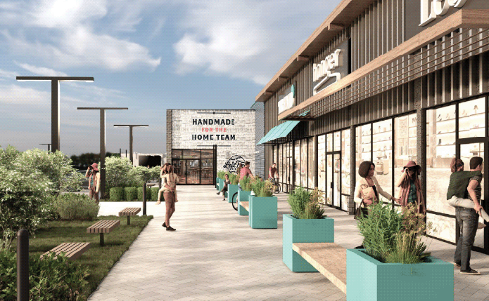 Rendering of storefronts and seating and planters for redevelopment.