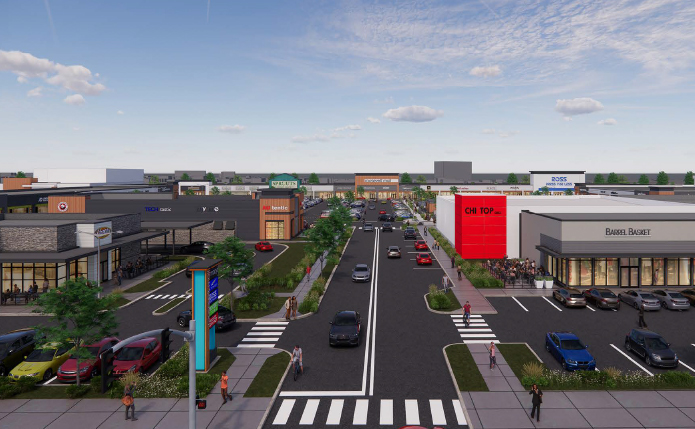 Rendering of road in the middle of shopping center.