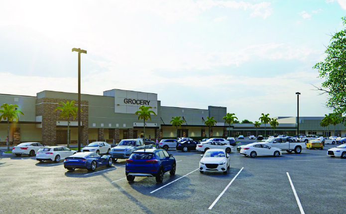 Rendering of parking lot with grocery in distance and cars in parking lot foreground.