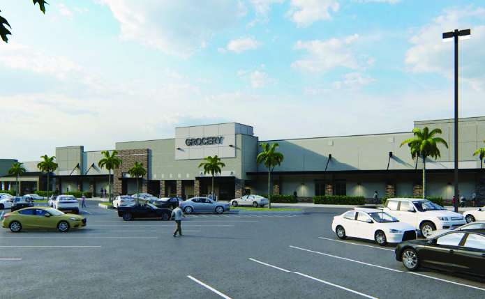 Rendering of grocery store and parking lot with palm trees.