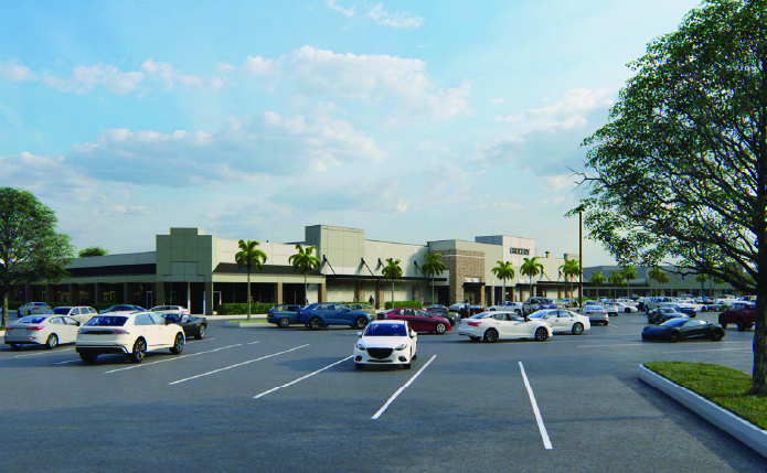 Rendering of large tree on right with shopping center and parking lot.