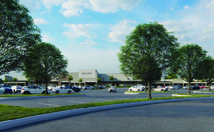 Rendering of many trees in parking lot with shopping center in background.