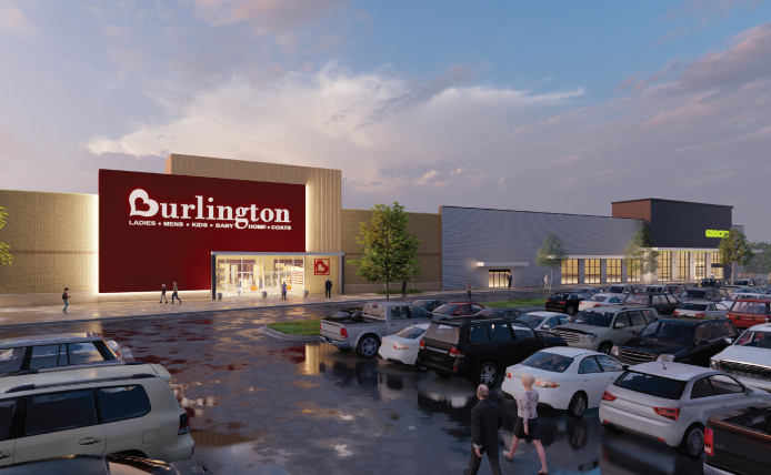 Full parking lot of Burlington at night in Tinley Park Plaza shopping center