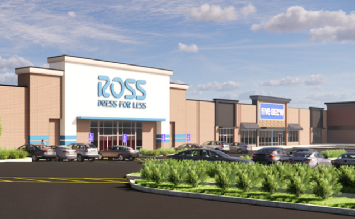 Rendering of Ross and Five Below stores with planters in front.