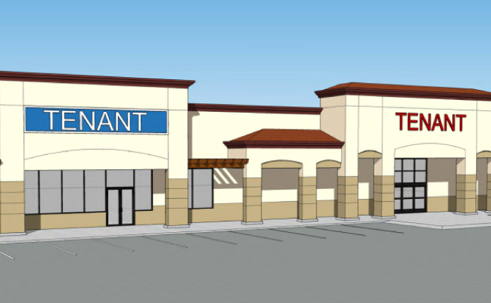 Architecture line drawing of angled tenant shops