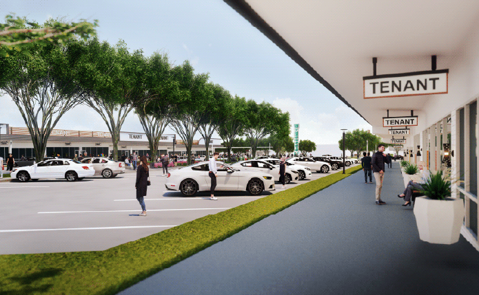 Rendering of trees, parking lot, and customer walkway at Wynnewood Village.