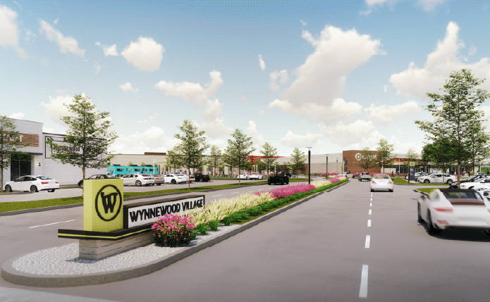Rendering of road and sign at Wynnewood Village.