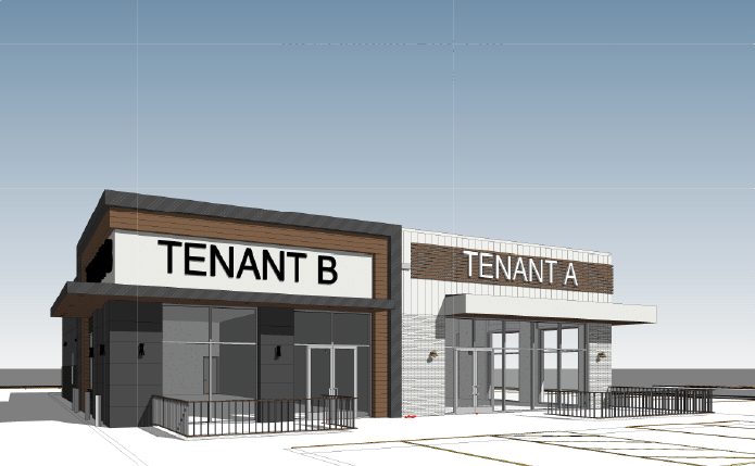 Rendering of future outparcel tenants A and B.