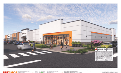 Corner perspective rendering of the Phase III redevelopment at Roosevelt Mall in Philadelphia, PA highlighting new multi‑tenant retail construction, landscaped sidewalks, and improved pedestrian connectivity.