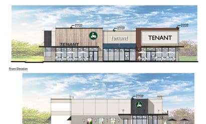 Architectural renderings of future tenant storefronts at Barn Plaza in Doylestown, PA, featuring contemporary materials, expanded glass storefronts, branding zones for retailers, and updated outdoor seating areas in both front and side elevation views.