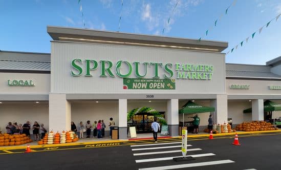 Customer line and crosswalk outside Sprouts grand opening.