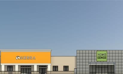 Rendering of the South Towne Centre redevelopment in Dayton, Ohio, featuring modernized retail façades, updated storefront architecture, new HomeSense and Sierra locations, enhanced pedestrian experience, and improvements to the shopping center's tenant mix and customer appeal.