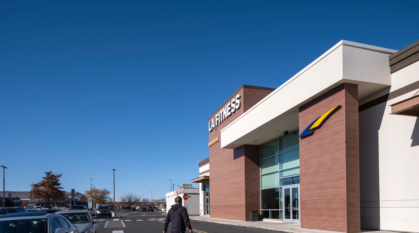 LA Fitness storefront at Roosevelt Mall in Philadelphia, PA showcasing modern architecture, improved pedestrian circulation, and enhanced site design as part of the shopping center redevelopment.