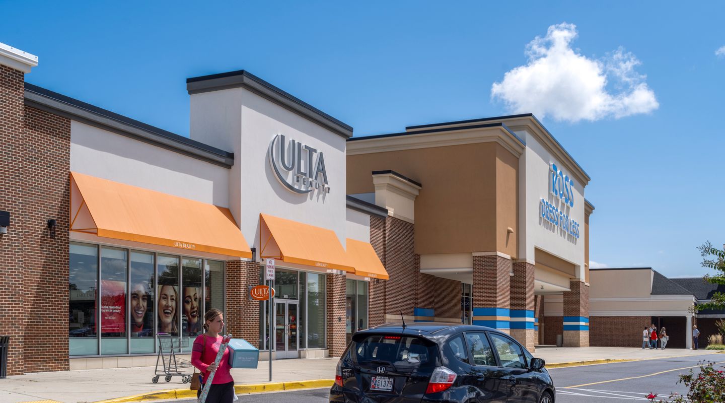 Redeveloped ULTA Beauty and Ross Dress for Less storefronts at Fox Run Shopping Center in Prince Frederick, MD showcasing modernized façades, improved pedestrian access, and enhanced site design.
