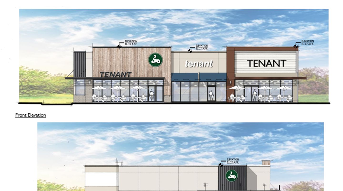 Architectural renderings of future tenant storefronts at Barn Plaza in Doylestown, PA, featuring contemporary materials, expanded glass storefronts, branding zones for retailers, and updated outdoor seating areas in both front and side elevation views.