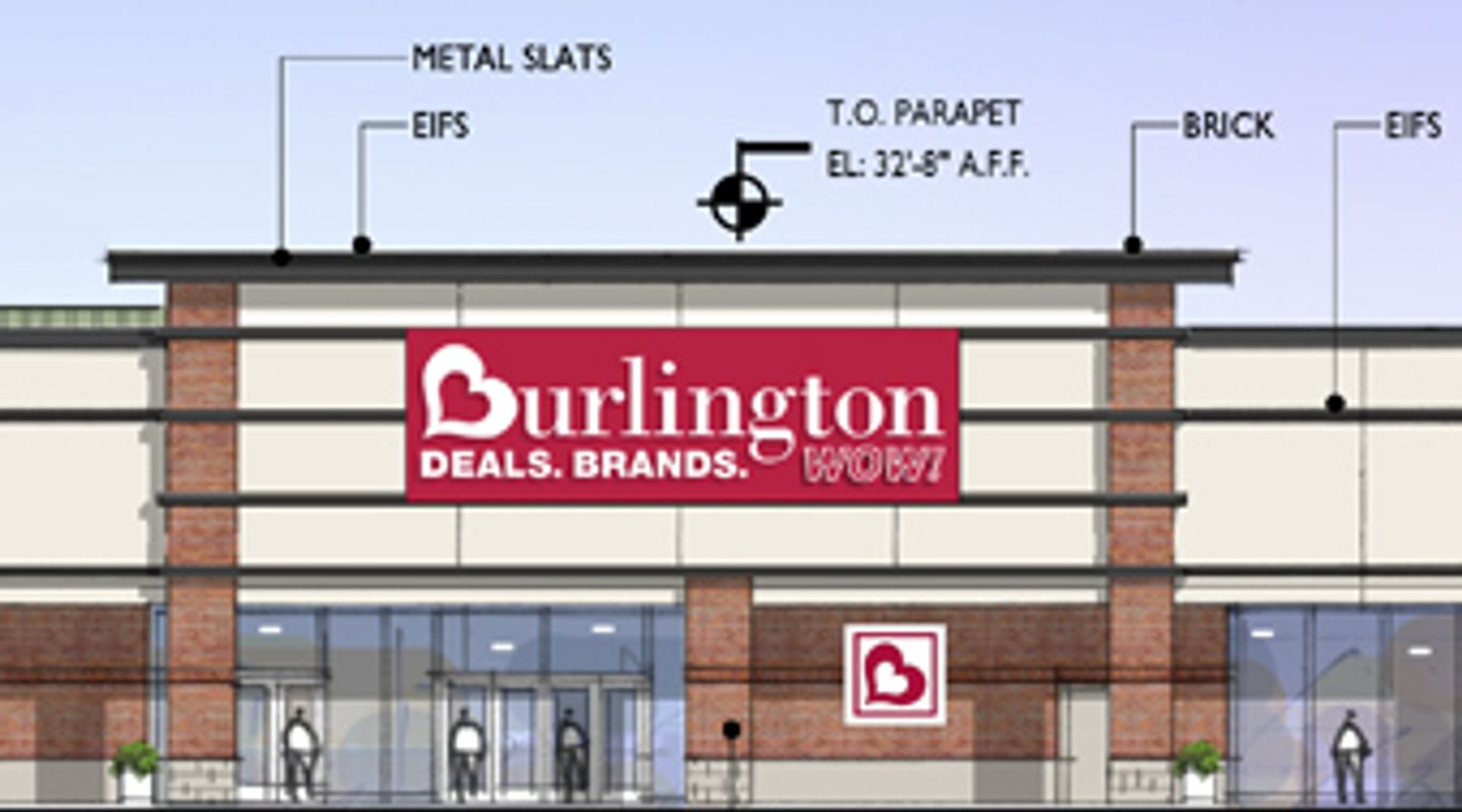Architectural rendering of the updated Burlington storefront at Capitol Shopping Center in Concord, NH, showing redesigned façade materials including brick, clear glass storefronts, and parapet enhancements in the southeast elevation.