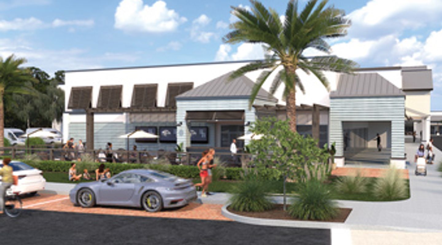 Rendering of an outdoor dining and retail area at Circle Center in Hilton Head Island, SC, featuring coastal‑style architecture with metal roofing, shaded patios, palm trees, landscaped walkways, and customer activity in front of the storefronts.