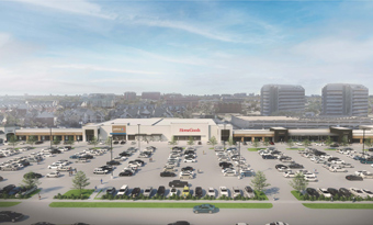 Aerial rendering of Preston Park Village in Plano, TX, featuring a large central parking field surrounded by major retailers including HomeGoods and Petco, landscaped drive aisles, and surrounding mid‑rise office and residential buildings in the background.